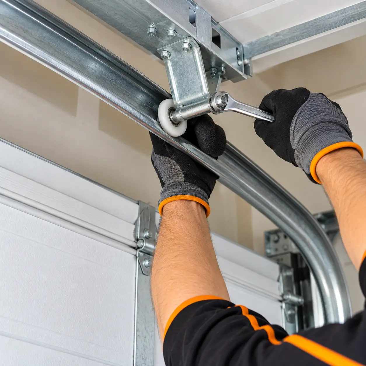 Technician repairing garage door cables and rollers in Leander TX