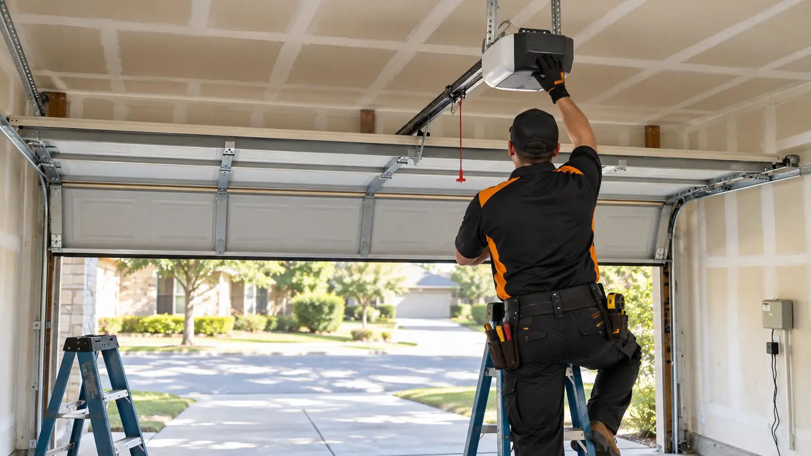 Technician performing garage door maintenance in Leander TX