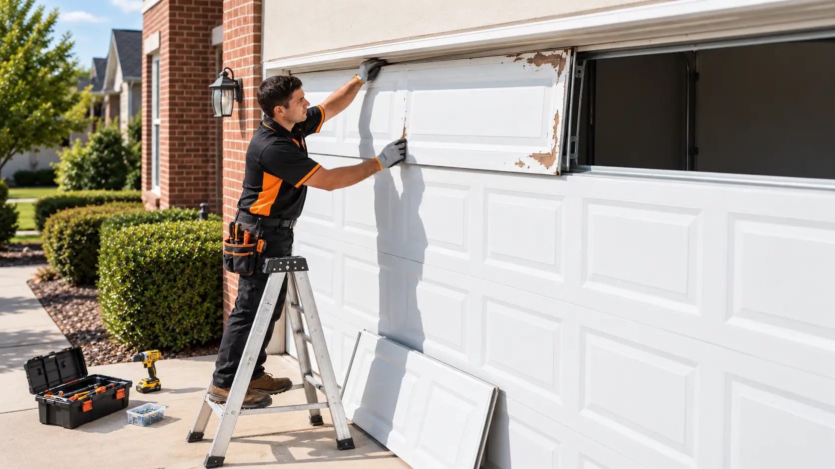 Technicians replacing a garage door in Leander TX